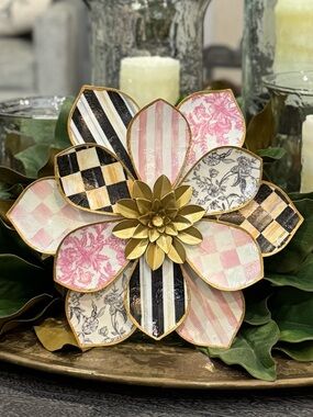 Hand Crafted Metal Flower Wall Decor 13” Courtly Check and Rosy Check
